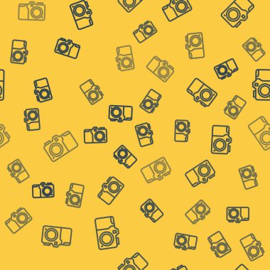 Mavi çizgi fotoğraf makinesi ikonu sarı arkaplanda kusursuz desen izole etti. Fotoğraf makinesi simgesi. Vektör.