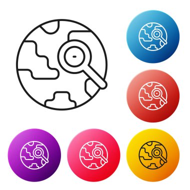 Beyaz arka planda izole edilmiş siyah çizgi büyüteç. Dünyayı analiz ediyorum. Küresel arama işareti. Renkli daire düğmelerini ayarlayın. Vektör.