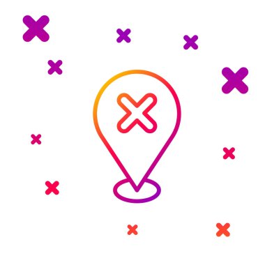 Beyaz arkaplanda çapraz iz simgesi olan renk çizgisi haritası iğnesi. Navigasyon, işaret, konum, harita, GPS, yön, yer, pusula, arama konsepti. Kademeli rastgele dinamik şekiller. Vektör.