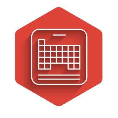 Öge simgesinin beyaz çizgi periyodik tablosu uzun gölgeli izole edilmiş. Kırmızı altıgen düğmesi. Vektör.