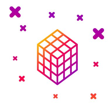 Beyaz arkaplanda renk çizgisi Rubik küp simgesi izole edildi. Mekanik yapboz oyuncağı. Rubik 'in 3 boyutlu küp kombinasyon bulmacası. Kademeli rastgele dinamik şekiller. Vektör.