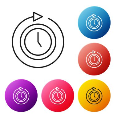 Beyaz arkaplanda ok simgesi olan siyah çizgili saat. Zaman sembolü. Saat yönünde döndürme simgesi ok ve zaman. Renkli daire düğmelerini ayarlayın. Vektör.