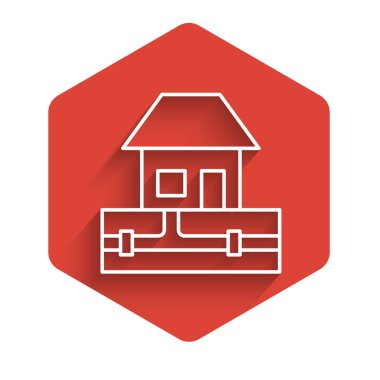 Beyaz çizgili su boruları ve uzun gölgeli ev ikonu. Kırmızı altıgen düğmesi. Vektör.