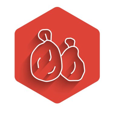 Beyaz çizgi çöp torbası ikonu uzun gölgeli izole edilmiş. Kırmızı altıgen düğmesi. Vektör.