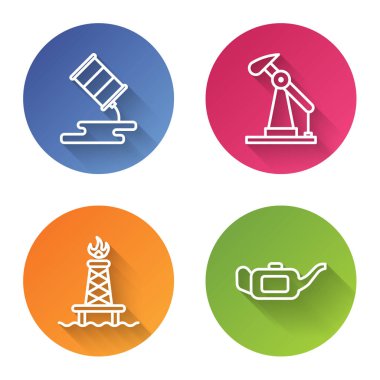 Namlu yağı sızıntısı, yağ pompası ya da pompa, petrol platformu, motor yağı için de yangın ve teneke kutu ayarlayın. Renkli daire düğmesi. Vektör.