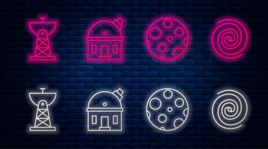 Çizgiyi Astronomik Gözlemevi, Ay, Uydu Çanağı ve Kara Delik 'e ayarla. Tuğla duvarda parlayan neon simgesi. Vektör.