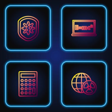 Gezegen, radyasyon, hesap makinesi, kalkanları virüs ve denklem çözeltilerinden koru. Renk simgeleri. Vektör.