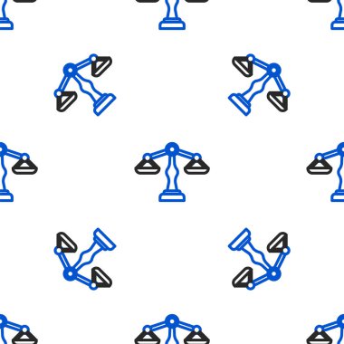 Adalet simgesinin çizgi ölçekleri beyaz arka planda izole edilmiş kusursuz desen. Hukuk mahkemesi sembolü. Denge tabelaları. Renkli taslak konsepti. Vektör.