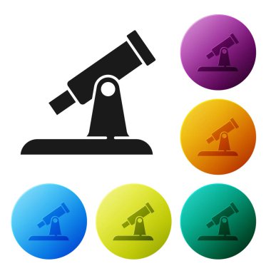 Siyah Teleskop simgesi beyaz arkaplanda izole edildi. Bilimsel bir alet. Eğitim ve astronomi elementi, dürbün ve çalışma yıldızları. Simgeleri renk daire düğmelerine ayarla. Vektör.