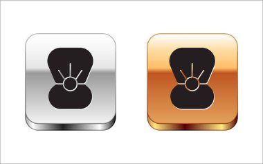 Beyaz zemin üzerinde inci simgesi olan siyah doğal açık kabuk. Deniz kabuğu kabuğu. Deniz kabuğu işareti. Gümüş-altın kare düğme. Vektör.