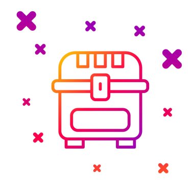 Beyaz arka planda izole edilmiş antika hazine sandığı simgesi. Altın sikkeli klasik tahta sandık. Kademeli rastgele dinamik şekiller. Vektör.