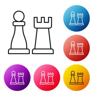 Siyah çizgi satranç simgesi beyaz arkaplanda izole edildi. İş stratejisi. Oyun, yönetim, finans. Renkli daire düğmelerini ayarlayın. Vektör.