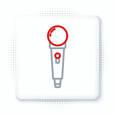 Beyaz arkaplanda hat mikrofon simgesi izole edildi. Radyodaki mikrofondan. Sözcü işareti. Renkli taslak konsepti. Vektör.