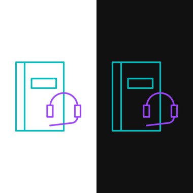 Satır Ses kitabı simgesi beyaz ve siyah arkaplanda izole edildi. Kulaklıklı kitap. Ses rehberi işareti. Çevrimiçi öğrenme kavramı. Renkli taslak konsepti. Vektör.