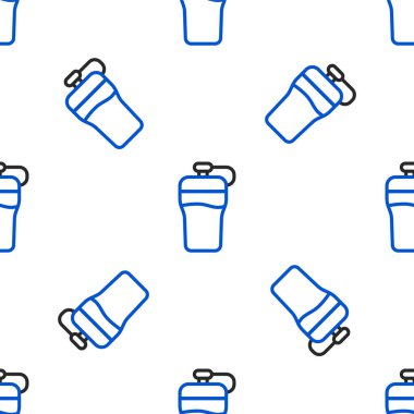 Çizgi fitness sallama simgesi beyaz arkaplanda izole edilmiş kusursuz desen. Su ve protein kokteylleri için kapaklı spor karıştırıcı şişesi. Renkli taslak konsepti. Vektör.