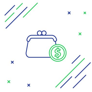 Beyaz arkaplanda izole edilmiş madeni para simgesi olan çizgi cüzdanı. Çanta ikonu. Nakit tasarruf sembolü. Renkli taslak konsepti. Vektör.