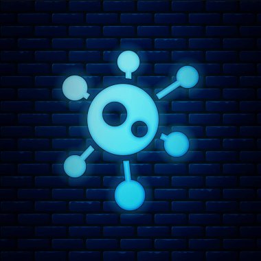 Parlayan neon virüs simgesi tuğla duvar arka planında izole edildi. Corona virüsü 2019-nCoV. Bakteri ve mikroplar, hücre kanseri, mikrop, mantar. Vektör İllüstrasyonu.