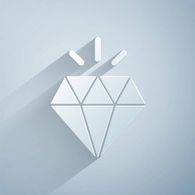 Kağıt kesiği elmas simgesi gri arkaplanda izole edilmiş. Mücevher sembolü. Mücevher taşı. Kağıt sanatı tarzı. Vektör.
