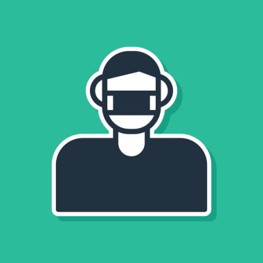 Mavi adam yüzü, yeşil arka planda izole edilmiş tıbbi koruyucu maske ikonu. Karantinaya alın. Vektör.