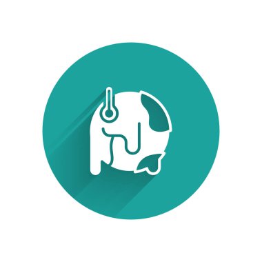 Beyaz Gezegen Dünyası, uzun gölgeli küresel ısınma ikonuna dönüşüyor. Ekolojik problemler ve çözümler - termometre. Yeşil daire düğmesi. Vektör.