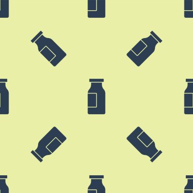 Süt ikonlu mavi kapalı cam şişe sarı arka planda izole edilmiş pürüzsüz desen. Vektör.