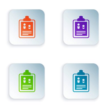 Renkli İş Finans Raporu simgesi beyaz arkaplanda izole edildi. Denetim ve analiz, belge, plan sembolü. Kare düğmelere renkli simgeleri yerleştir. Vektör.