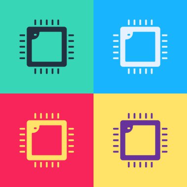 Mikro devreli Pop Art Bilgisayar işlemcisi CPU simgesi renk arkaplanında izole edildi. Devre kartlı çip ya da işlemci. Mikro işlemci. Vektör.