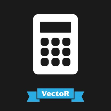 Siyah arkaplanda beyaz hesap makinesi simgesi izole edildi. Muhasebe sembolü. İş hesaplamaları matematik eğitimi ve finans. Vektör.