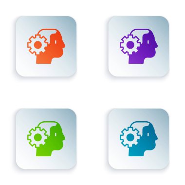 Renkli İnsansı robot simgesi beyaz arkaplanda izole edildi. Yapay zeka, makine öğrenme, bulut hesaplama. Kare düğmelere renkli simgeleri yerleştir. Vektör.