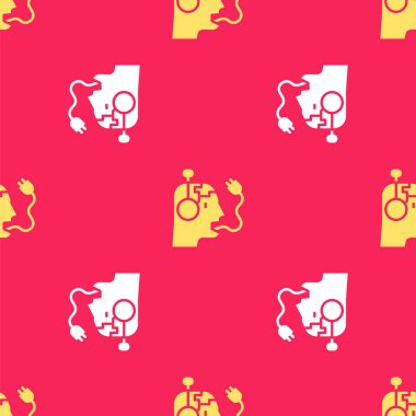 Sarı robotun şarj ettiği batarya simgesi kırmızı zeminde izole edilmiş. Yapay zeka, makine öğrenme, bulut hesaplama. Vektör.