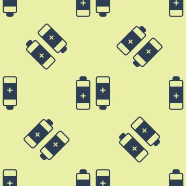 Mavi Batarya simgesi sarı arkaplandaki kusursuz deseni izole etti. Şimşek sembolü. Vektör.