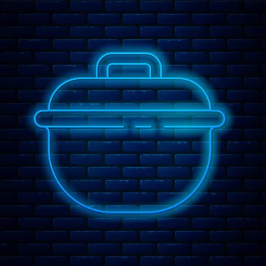 Parlayan neon hattı tuğla duvar arkasında izole edilmiş tencere ikonu. Haşlama ya da güveç besin sembolü. Vektör.