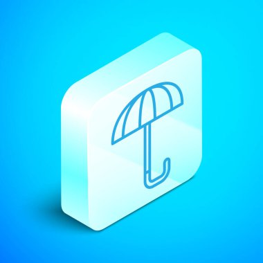 Mavi arkaplanda izole edilmiş, klasik, zarif, açık şemsiye simgesi. Yağmur koruma sembolü. Gümüş kare düğme. Vektör.