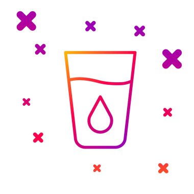 Beyaz zemin üzerinde su simgesi olan renkli cam. Soda bardağı. Kademeli rastgele dinamik şekiller. Vektör.