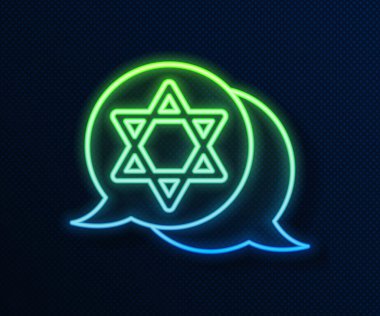 Parlayan neon hattı David 'in Yıldızı simgesi mavi arkaplanda izole edildi. Yahudi dini sembolü. İsrail 'in sembolü. Vektör.