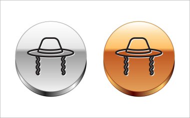 Siyah çizgi Ortodoks Ortodoks Yahudi şapkası ve kenarları beyaz arka planda izole edilmiş. Geleneksel giyinmiş Yahudi erkekler. Yahudilik sembolleri. Gümüş-altın halka düğmesi. Vektör.