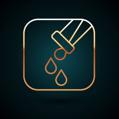 Altın çizgili test tüpü ve labaratuar test ikonu koyu mavi arka planda izole edilmiş. Laboratuvar cam levhası. Vektör.