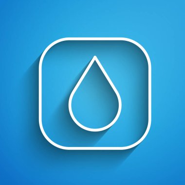 Beyaz çizgi Su bırakma simgesi mavi arkaplanda izole edildi. Uzun gölge. Vektör.