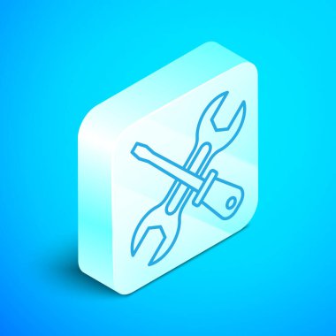 Mavi arkaplanda Isometric çizgi tornavida ve anahtar anahtarı simgesi izole. Servis aracı sembolü. Gümüş kare düğme. Vektör.