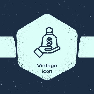 Grunge Line Hand para çantası ikonunu mavi arka planda tutuyor. Dolar ya da USD sembolü. Nakit bankacılık tabelası. Tek renkli klasik çizim. Vektör.