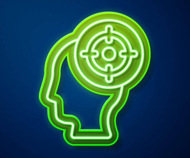 Parlayan neon hattı hedef spor simgesi mavi arkaplanda izole edildi. Atış mesafesi ya da atış mesafesi için sayıları olan temiz bir hedef. Vektör.