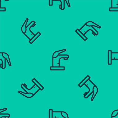 Mavi çizgi su musluğu ikonu yeşil zeminde izole edilmiş pürüzsüz desen. Vektör.