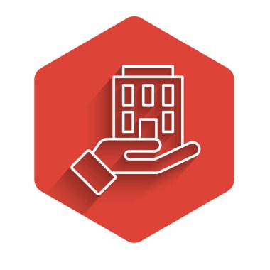 Beyaz Saray 'ın elinde uzun gölgeli bir sembol var. Sigorta konsepti. Güvenlik, güvenlik, koruma, konsept koruma. Kırmızı altıgen düğmesi. Vektör.