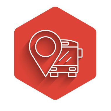 Otobüs simgesinin bulunduğu beyaz çizgi uzun gölgeli izole edilmiş. Ulaşım konsepti. Otobüs turu tabelası. Turizm ya da kamu aracı sembolü. Kırmızı altıgen düğmesi. Vektör.