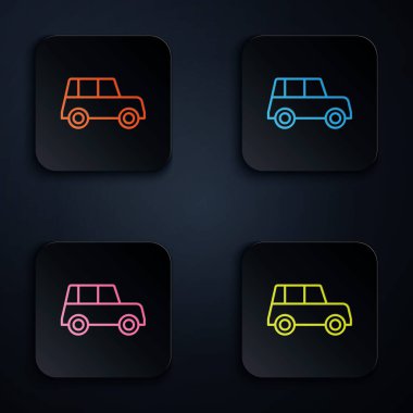 Siyah arkaplanda renkli neon çizgisi simgesi izole edildi. Ön manzara. Kare düğmelere simgeleri yerleştir. Vektör.