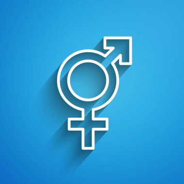 Mavi arkaplanda beyaz çizgi cinsiyet simgesi izole edildi. Erkek ve kadın sembolleri. Seks sembolü. Uzun gölge. Vektör.