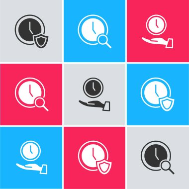 Saati kalkan, büyüteç saat ve simgeye ayarla. Vektör.