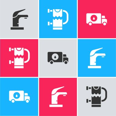 Su musluğu, ısıtmalı havlu korkuluğu ve boru hattı servis ikonu. Vektör.