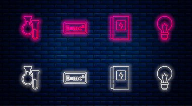 Çizgi denklem çözeltisi, elektrik paneli, test tüpü, matara ve fikir kavramına sahip ampul ayarlayın. Tuğla duvarda parlayan neon simgesi. Vektör.