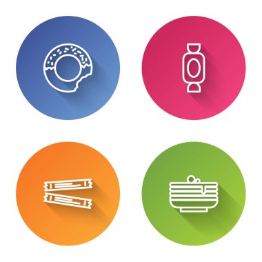 Donut, Candy, şeker paketleri ve bir yığın krep. Renkli daire düğmesi. Vektör.